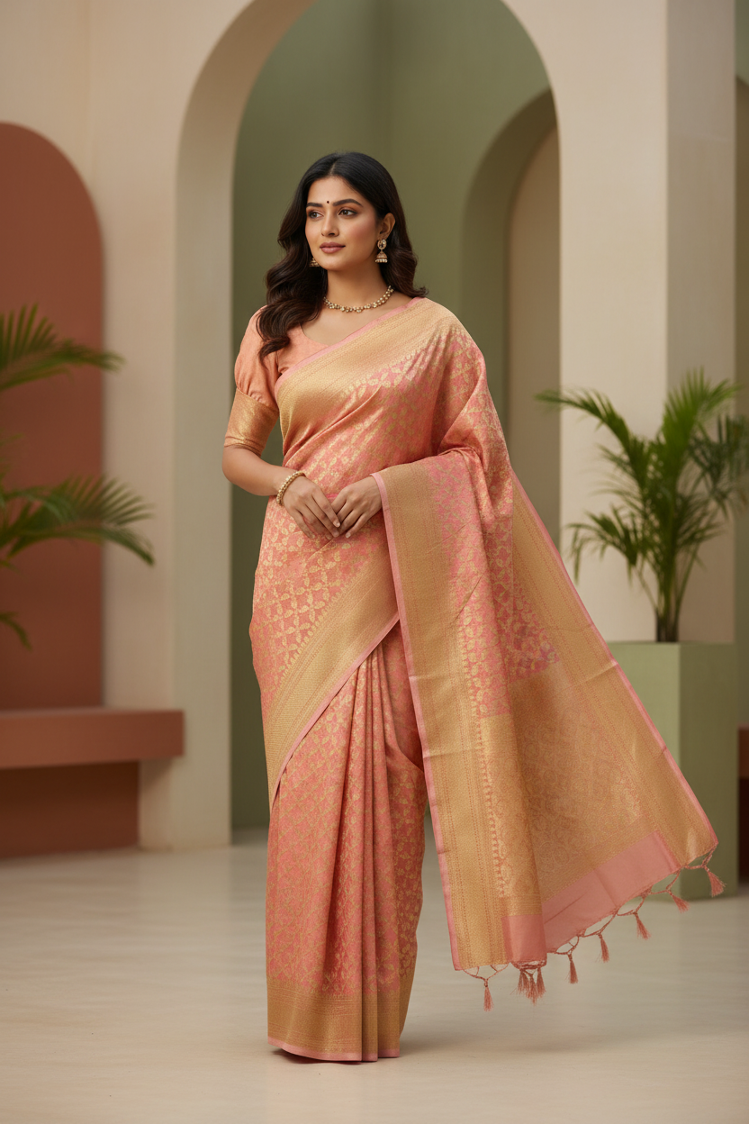 Southloom Cotton Banarasi Silk Saree with Woven Work on Body and Borders(Peach)