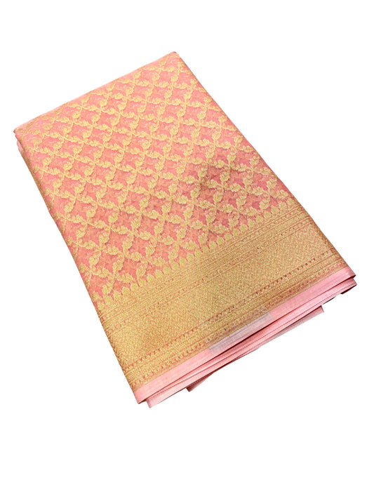 Southloom Cotton Banarasi Silk Saree with Woven Work on Body and Borders(Peach)