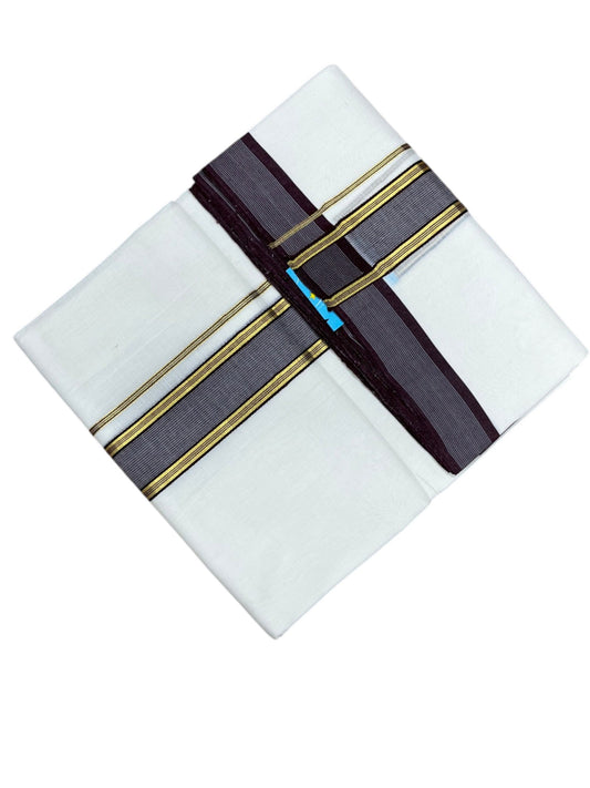 Southloom Balaramapuram Unakkupaavu Premium Handloom Cotton Double Mundu with Gold Kasavu and Brown Border