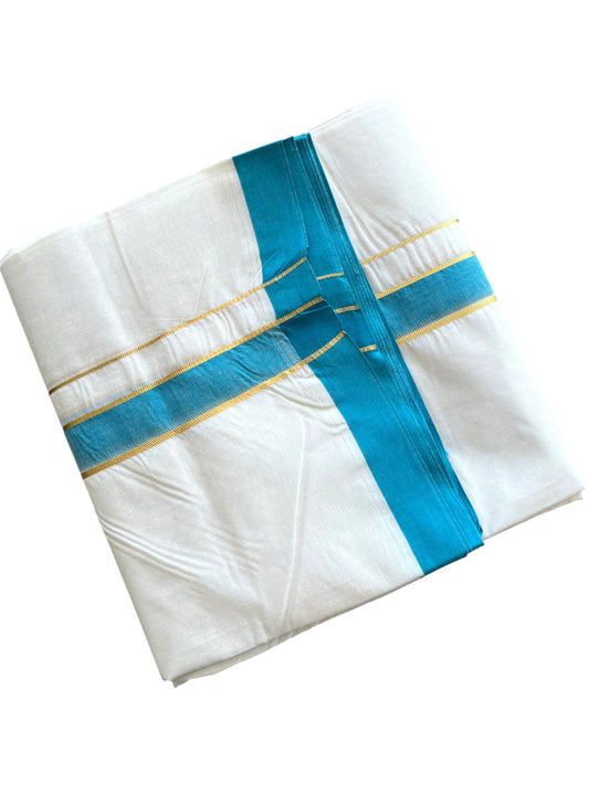 Southloom Pure Cotton Mundu with Golden Lines and Blue Border (South Indian Kerala Dhoti)