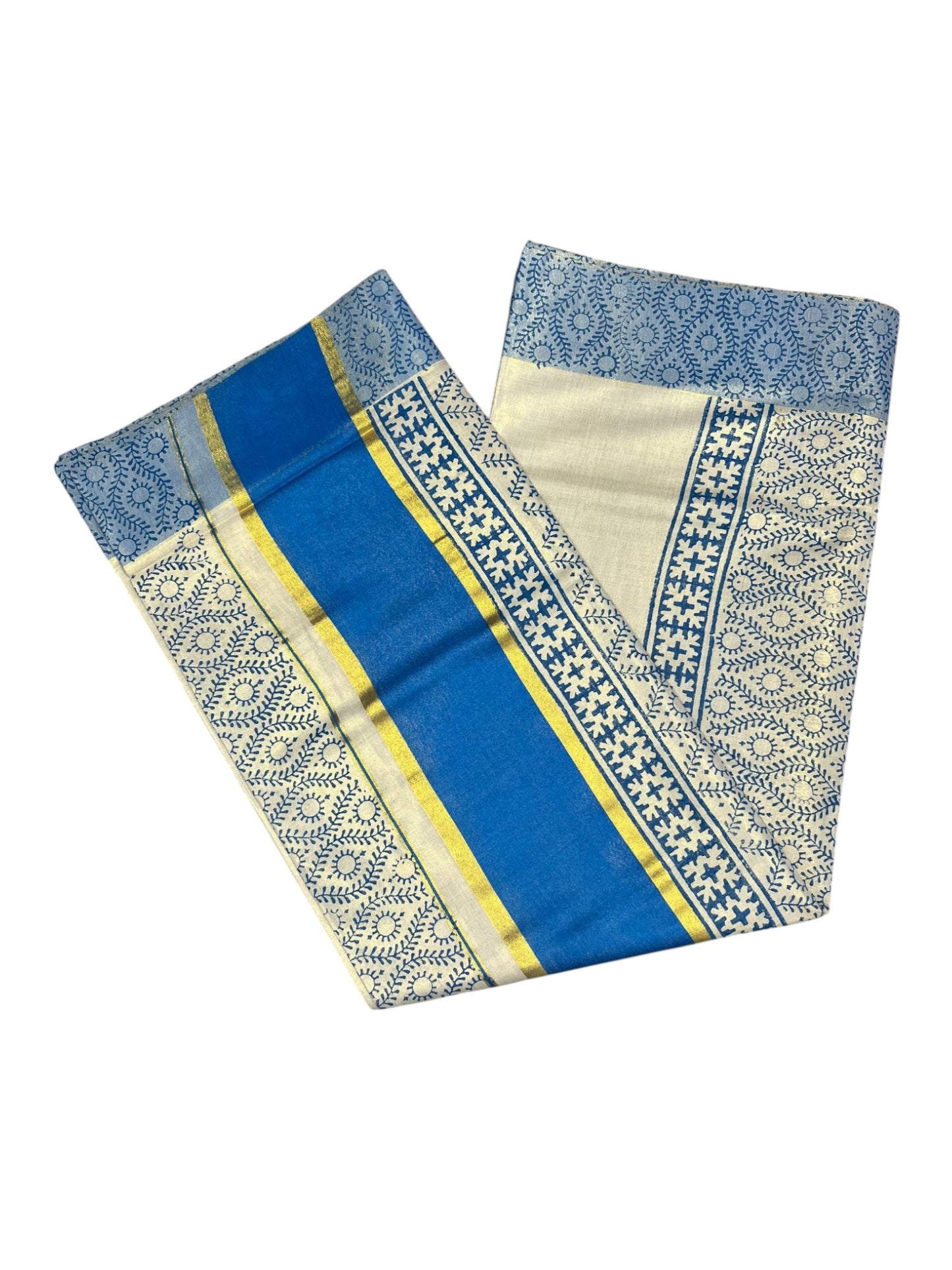 Southloom Tissue Kerala Kasavu Saree with Block Print on Body and Borders in Blue