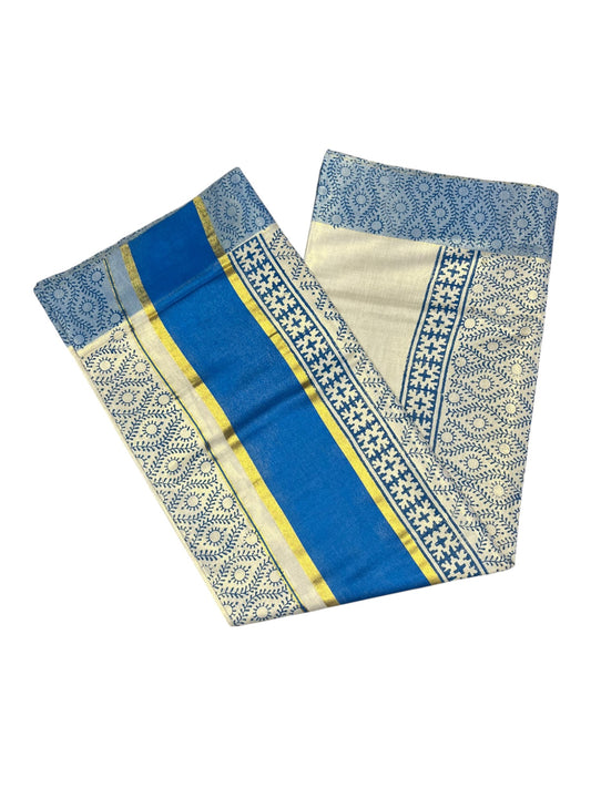 Southloom Tissue Kerala Kasavu Saree with Block Print on Body and Borders in Blue