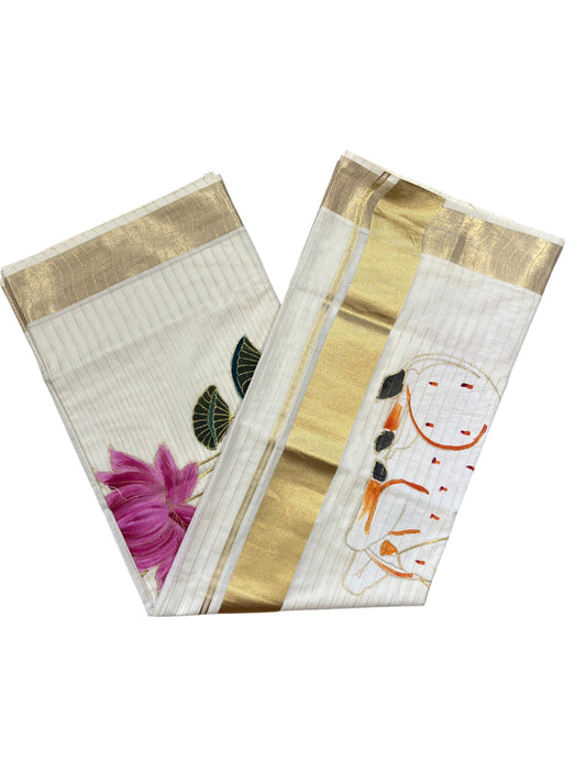 Southloom Cotton Kerala Kasavu Saree with Hand Painted Embroidery Nandi and Lotus Design