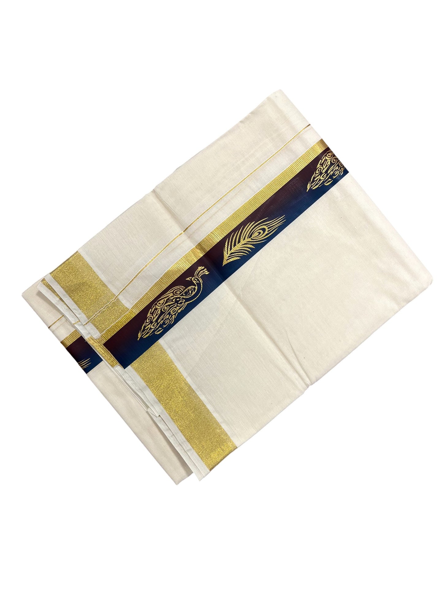 Southloom Pure Cotton Off White Double Mundu with Mural Printed Design Along Kasavu Kara