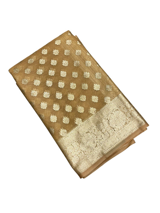 Southloom Cotton Banarasi Silk Saree with Woven Work on Body and Borders (Beige)