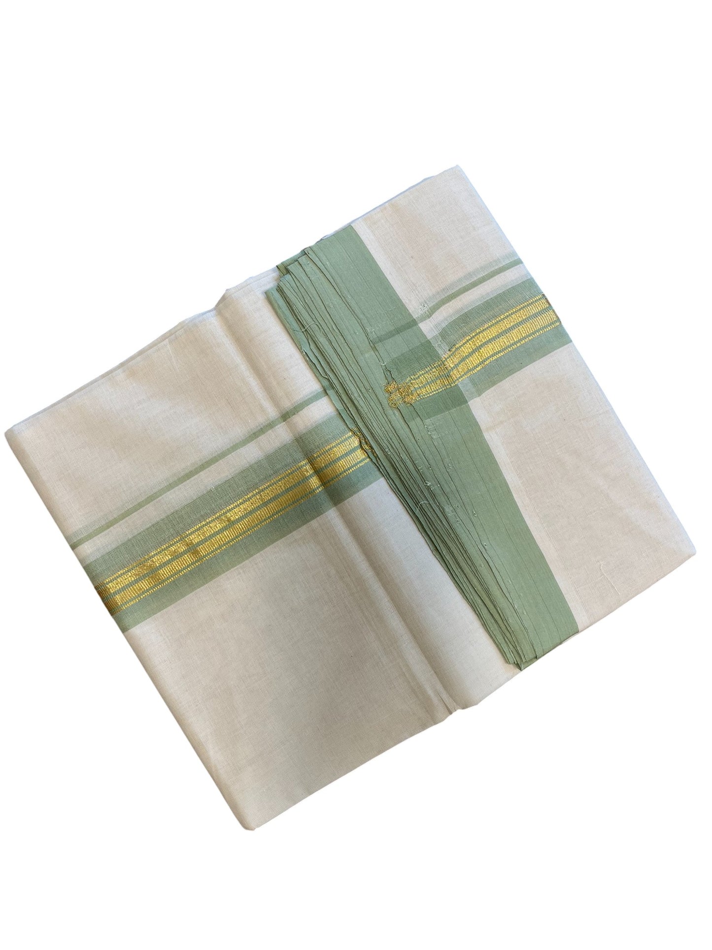 Southloom Premium Handloom Cotton Double Mundu with Gold and Green Border