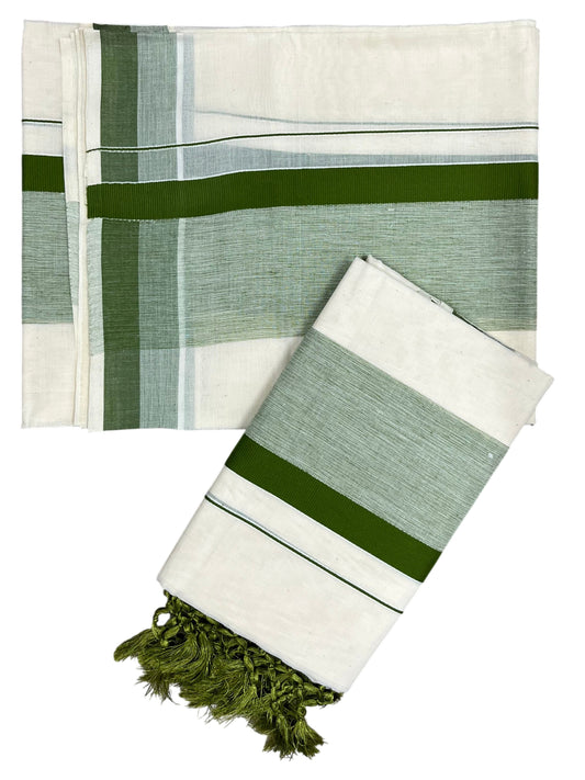 Southloom Kerala Cotton Mundum Neriyathum Single (Set Mundu) with Green Border 2.80 Mtrs