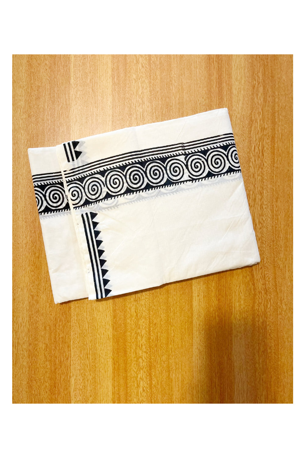 Pure Cotton Off White Double Mundu with Black Block Prints On Border (South Indian Kerala Dhoti)