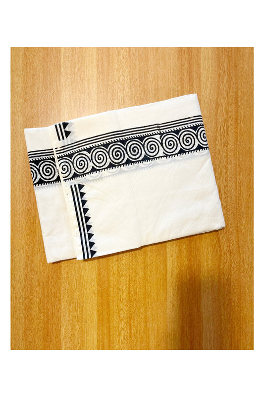 Pure Cotton Off White Double Mundu with Black Block Prints On Border (South Indian Kerala Dhoti)