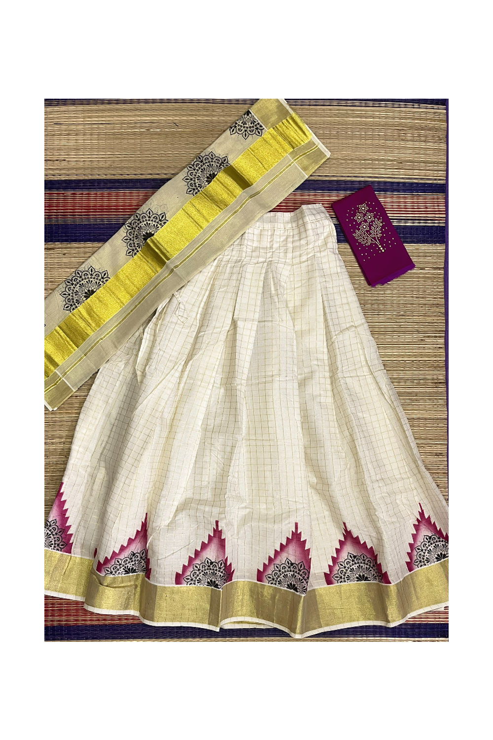 Semi Stitched Onam 2023 Dhavani Set with Golden Check and Printed Design Pavada and Magenta Bead Work Blouse Piece