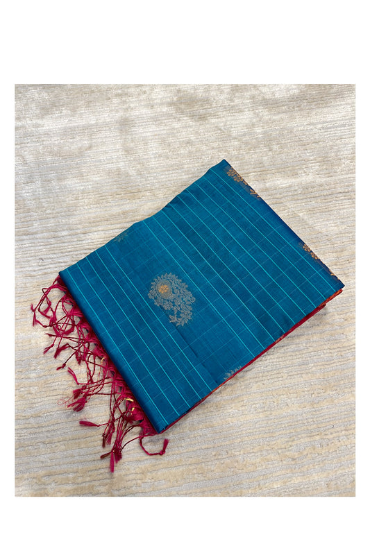 Southloom Pure Handloom Cotton Silk Saree With Handwoven Work Across Body and Blouse in Magenta And Blue