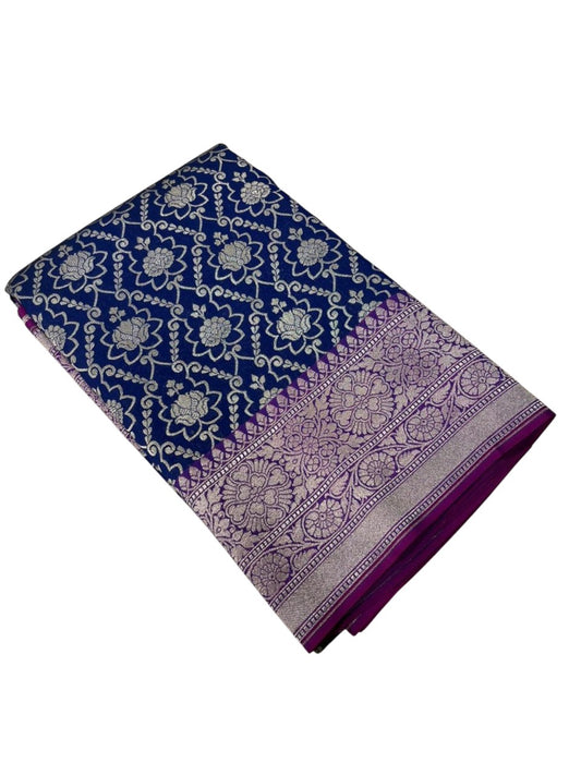 Southloom Pure Banarasi Silk Saree with Woven Work on Body and Borders (Blue And Magenta)