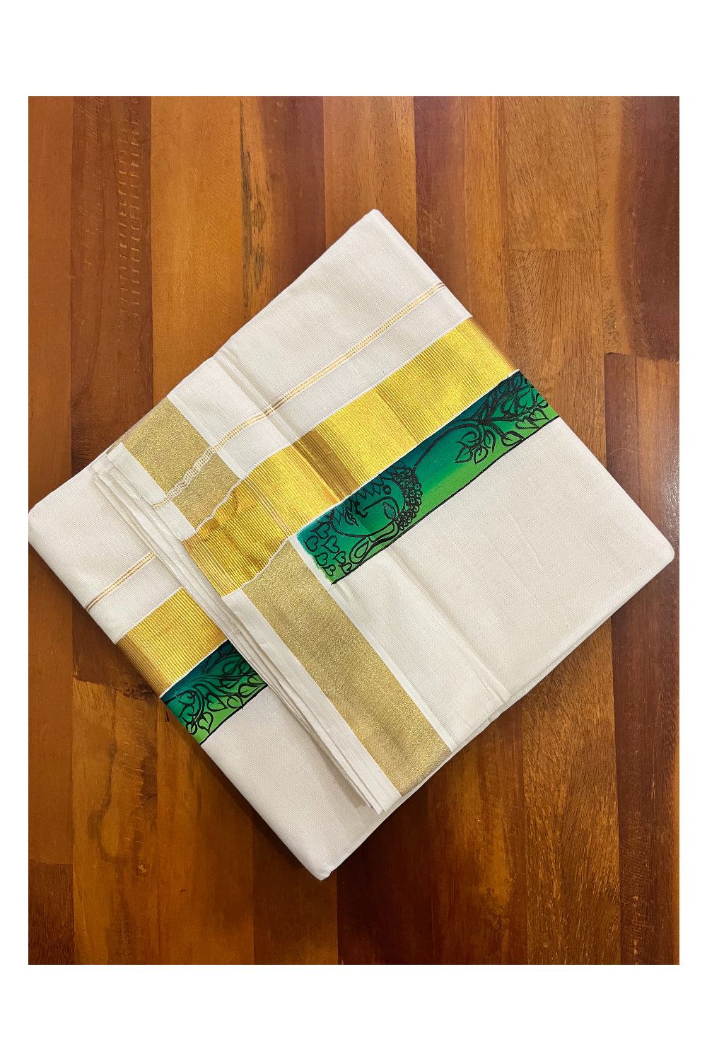 Pure Cotton Kerala Double Mundu with Kasavu Hand Painted Design Border (South Indian Kerala Dhoti)