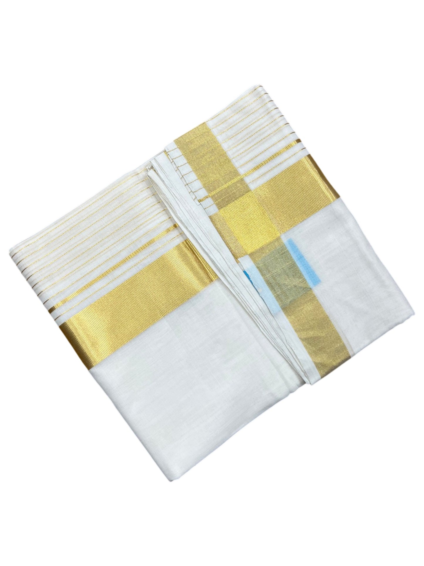 Southloom Premium Handloom Cotton Double Mundu with Gold Kasavu And Gold Lines Border