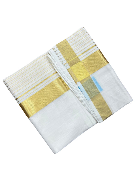 Southloom Premium Handloom Cotton Double Mundu with Gold Kasavu And Gold Lines Border