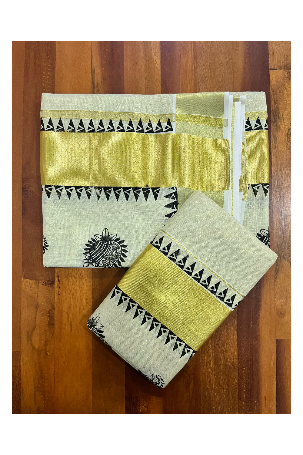 Kerala Tissue Single Set Mundu (Mundum Neriyathum) with Black Block Prints and Temple Border 2.80 Mtrs