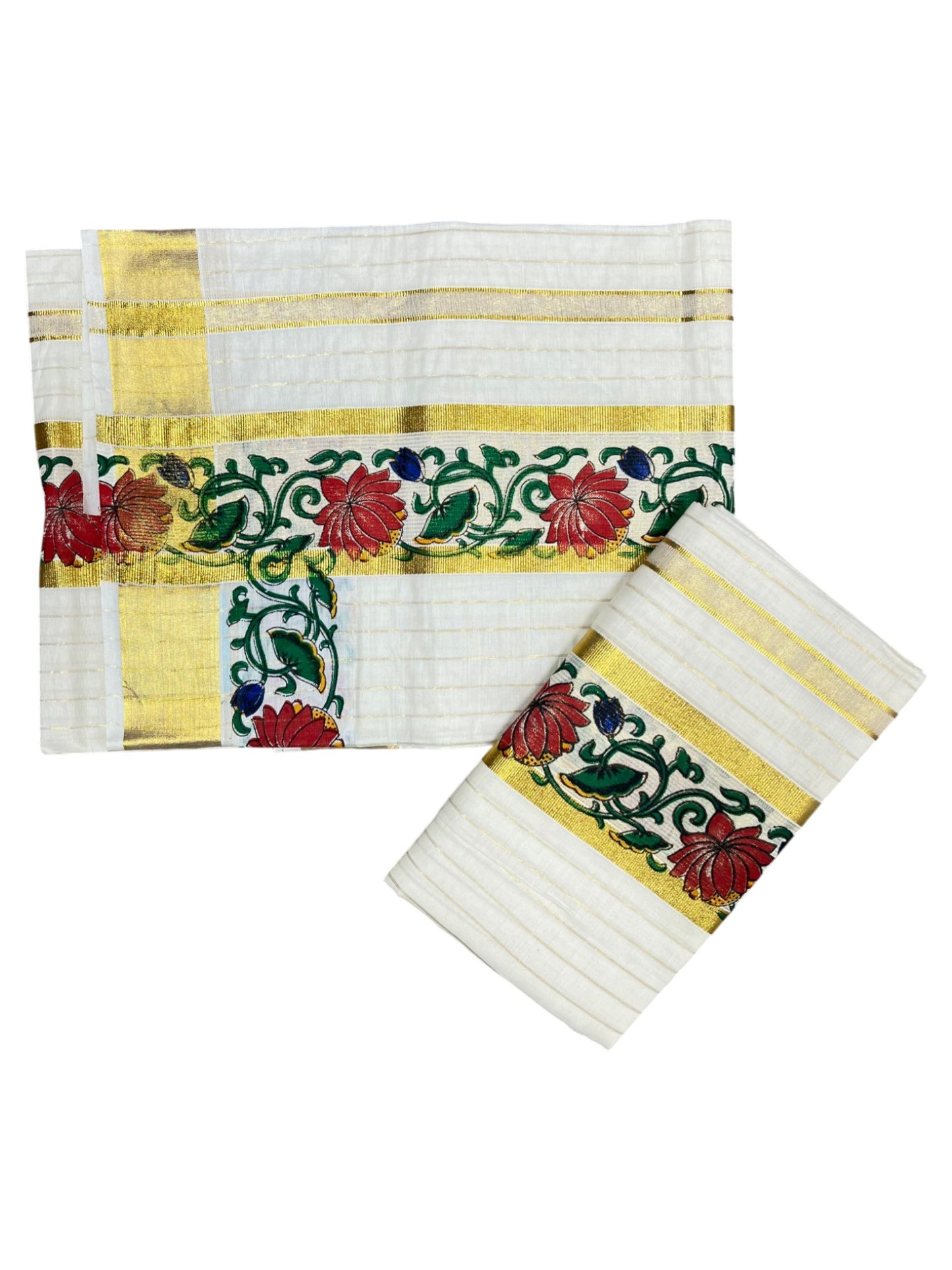 Southloom Cotton Lines Single Set Mundu (Mundu Neriyathum) With Red Floral Print And Gold Border Kasavu in 2.80 Mtrs
