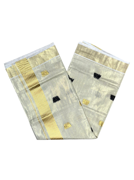 Southloom Kerala Tissue Kasavu Saree with Black&Gold Lotus Embroidery Works