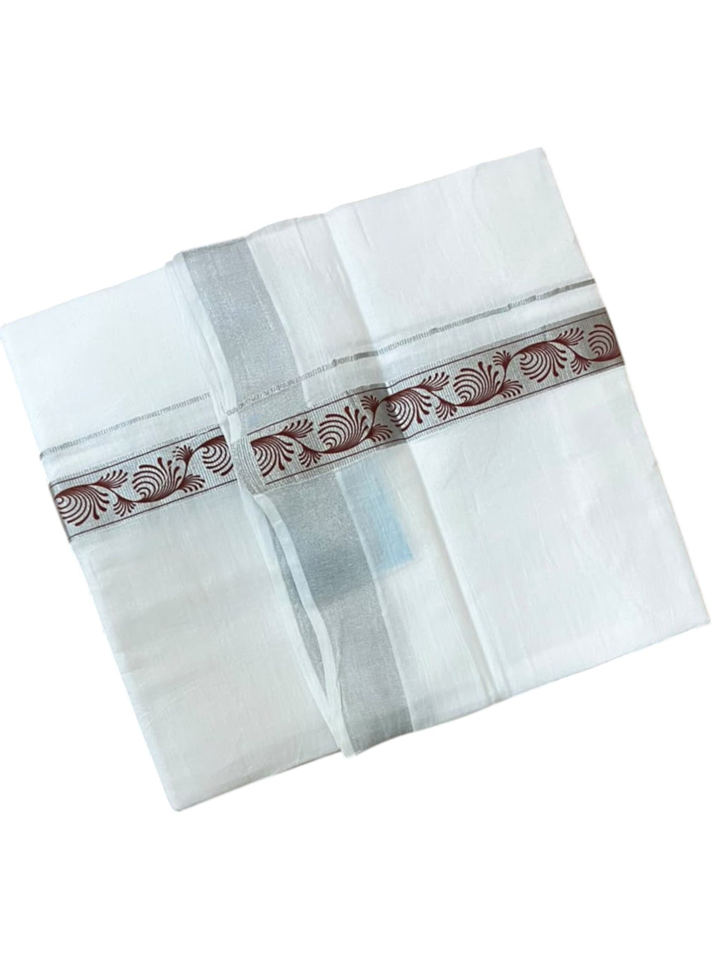 Southloom Pure White Cotton Mundu with Brown and Silver Kasavu Border (South Indian Kerala Dhoti)