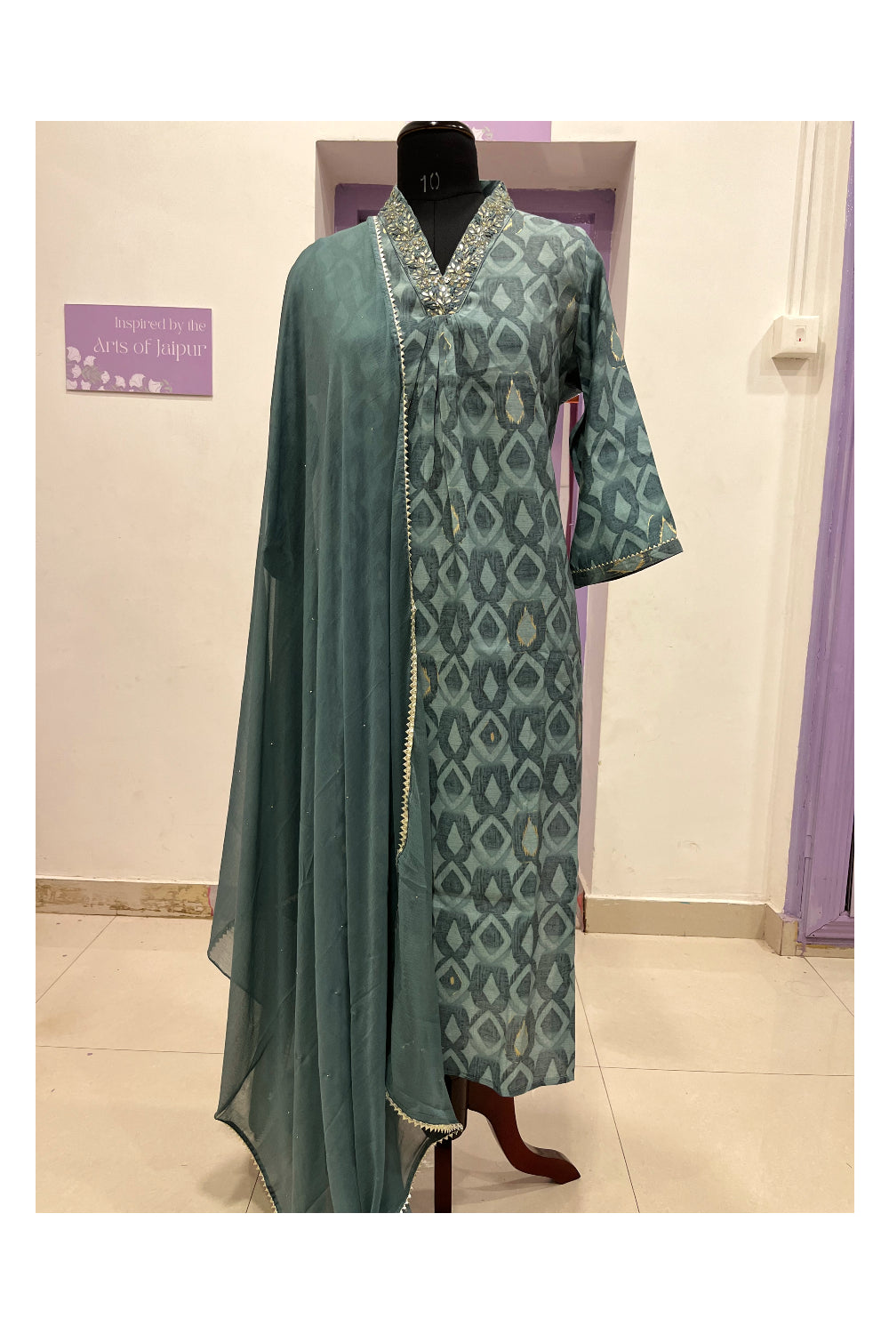 Southloom Stitched Semi Silk Salwar Set in Greenish Grey Prints and Sequins Works on Neck