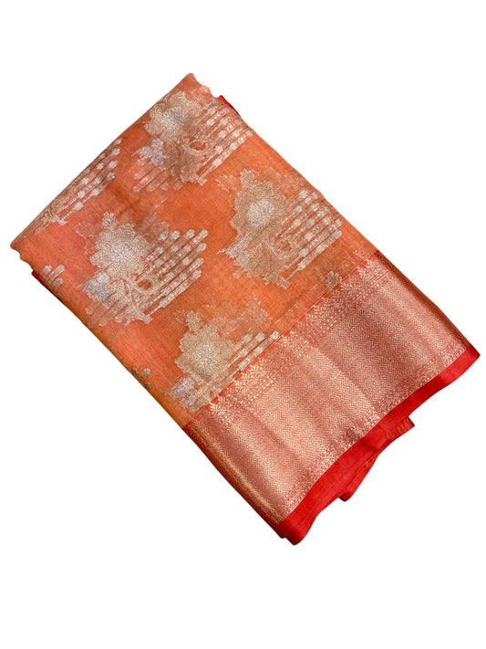 Southloom Tissue Banarasi Silk Saree with Woven Work on Body and Borders (Peach)