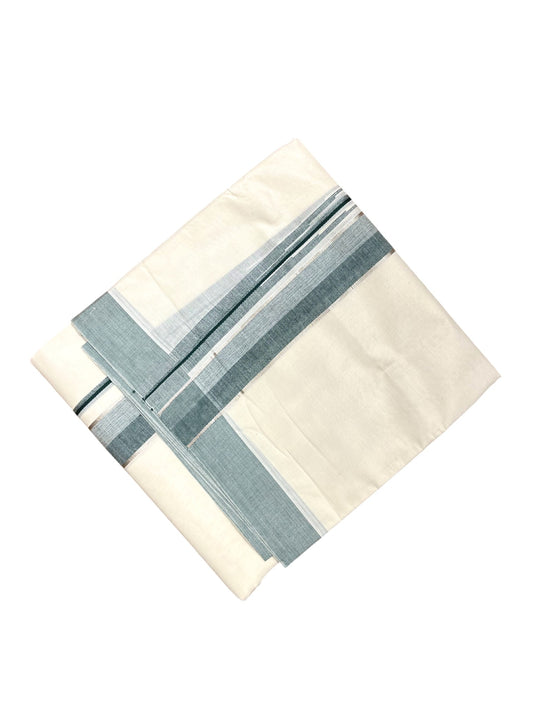 Southloom Kerala Pure Cotton Double Mundu with Silver Lines & Green Border (South Indian Dhoti)
