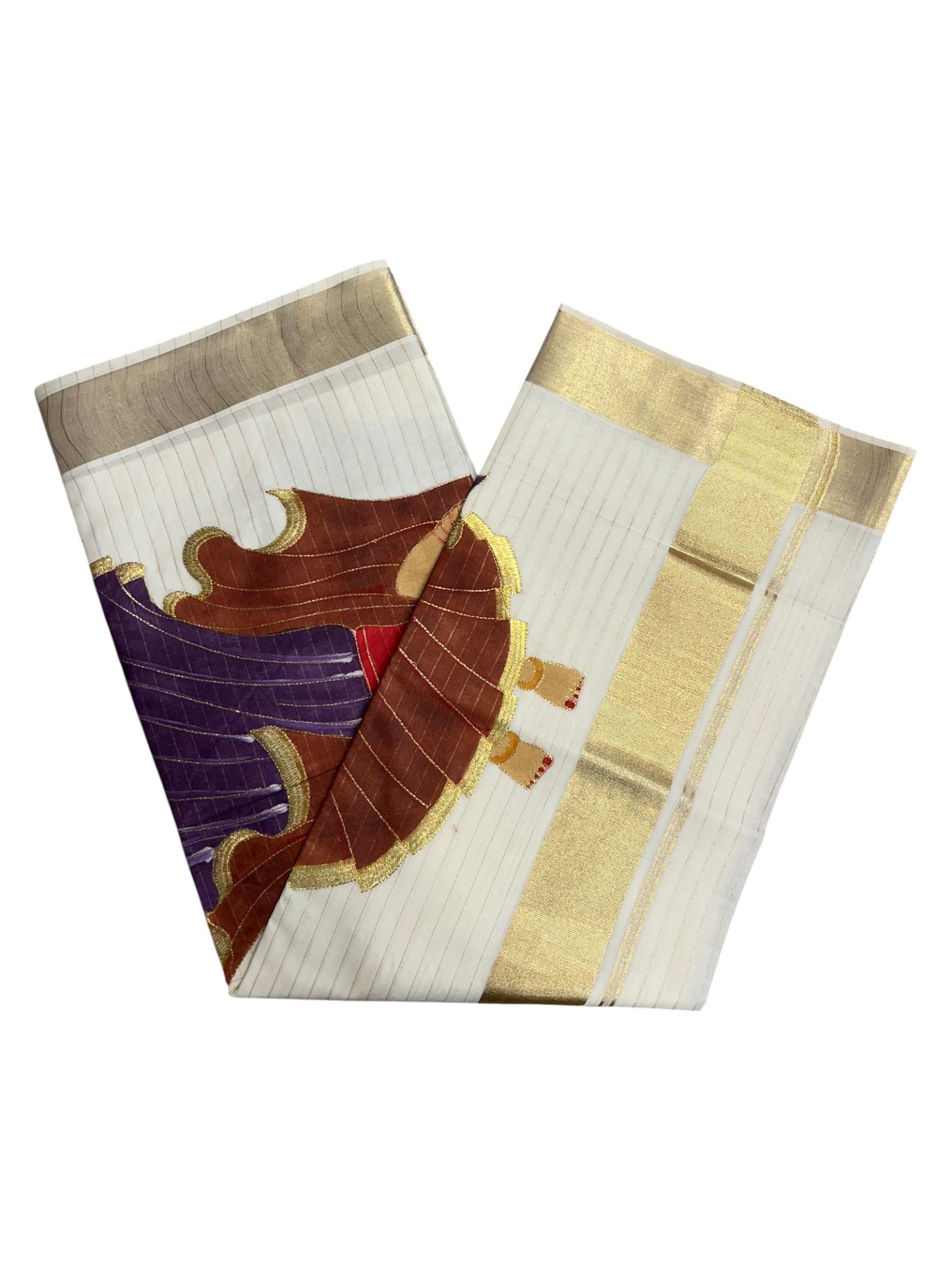 Southloom  Kerala Cotton Kasavu Line Saree with Hand Painted &Embroidery Design