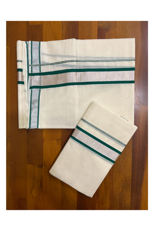 Cotton Set Mundu (Mundum Neriyathum) with Green and Silver Kasavu Border 2.80 Mtrs