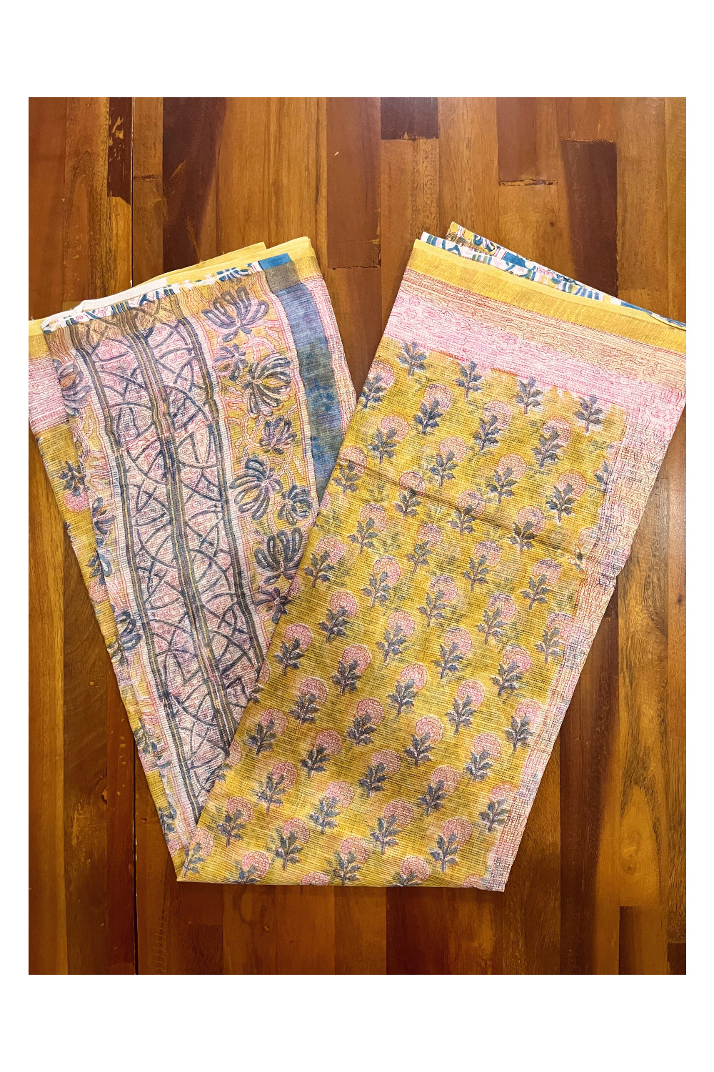 Southloom Kota Fabric Floral Printed Yellow Saree