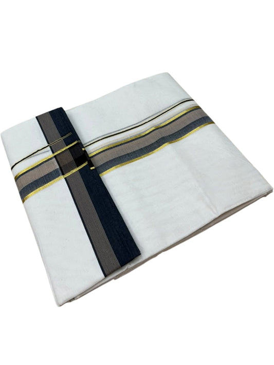 Southloom Pure Cotton Mundu with Siver Lines and Black & Brown  Border (South Indian Kerala Dhoti)