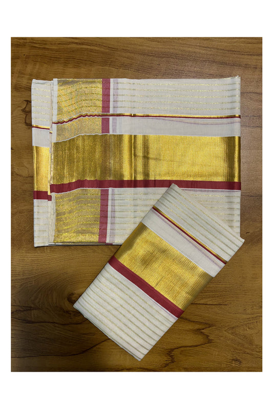 Kerala Cotton Set Mundu (Mundum Neriyathum) with Kasavu Lines on Body and Brick Red Border 2.80 Mtrs