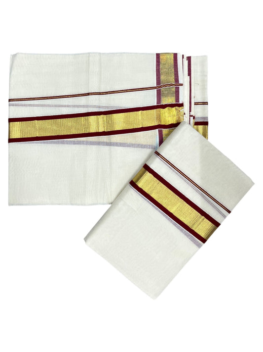 Kerala Cotton Set Mundu (Mundum Neriyathum) with Kasavu and Maroon Border 2.80 Mtrs SL244