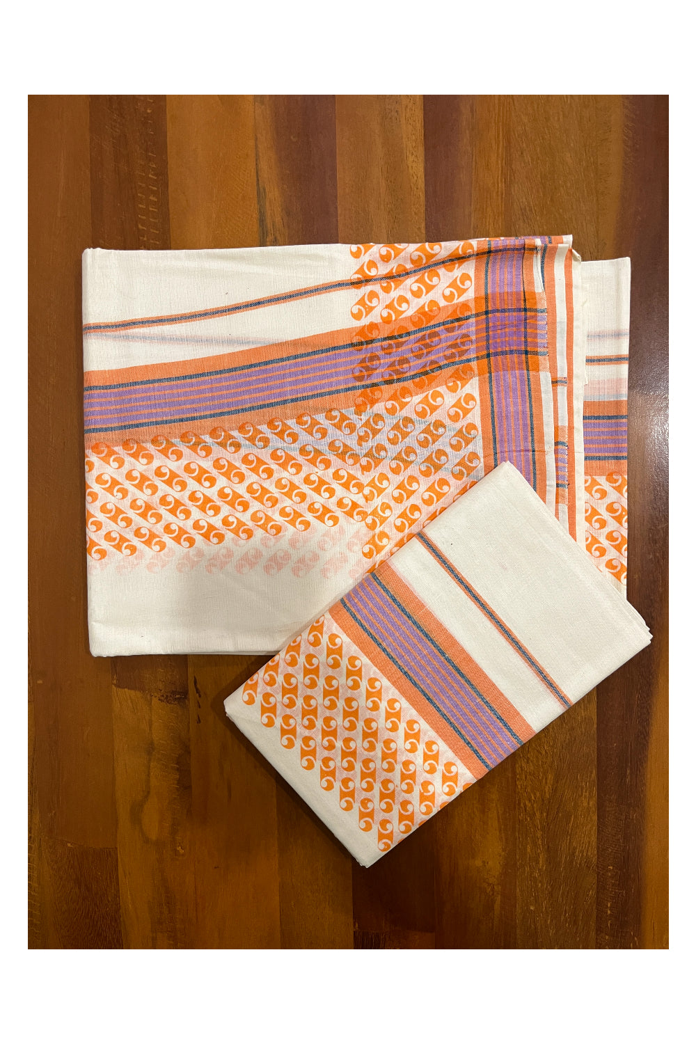 Kerala Cotton Mulloth Mundum Neriyathum Single (Set Mundu) with Orange Block Printed Border (Extra Soft Cotton)