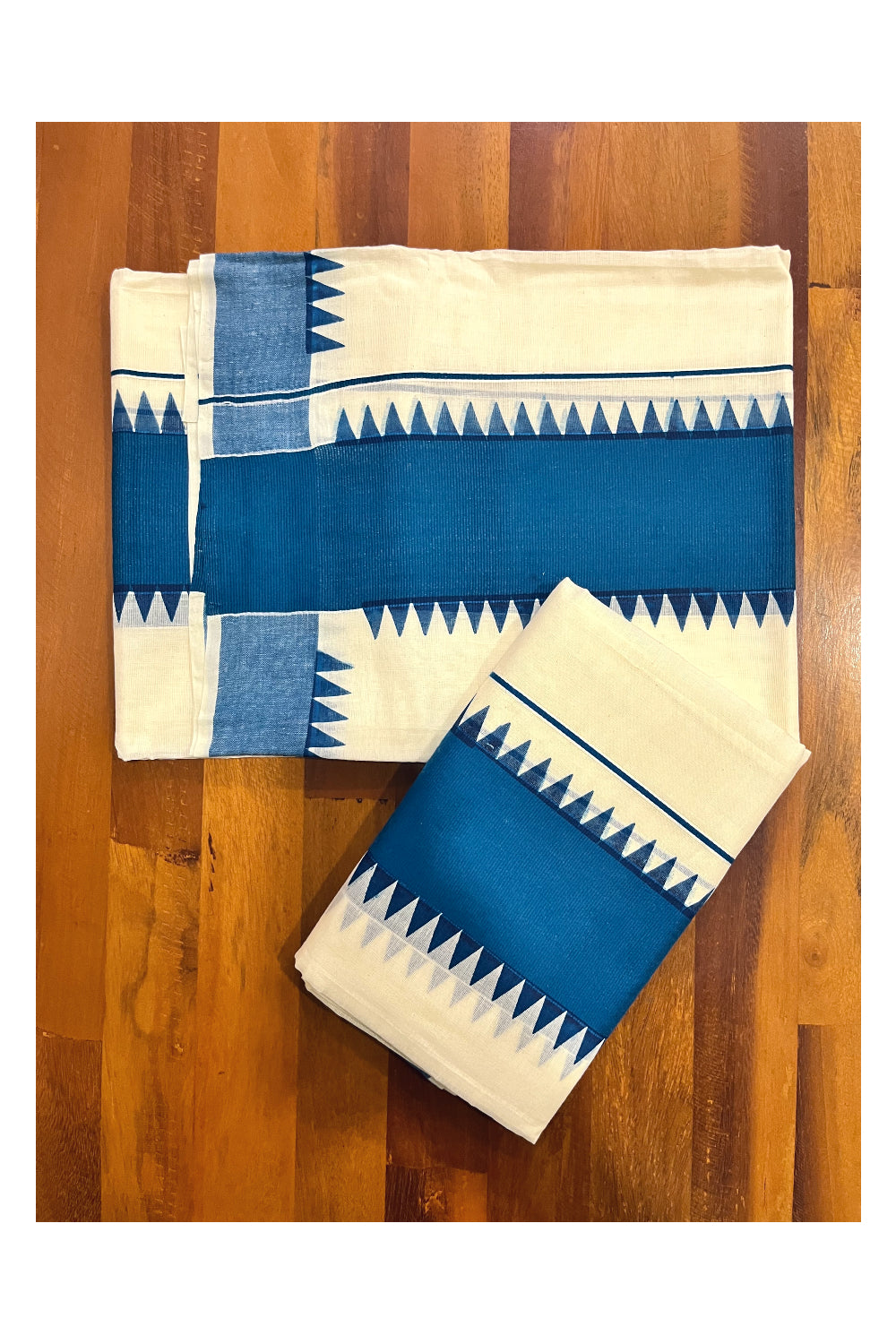 Kerala Pure Cotton Set Mundu Single (Mundum Neriyathum) with Blue Temple Border