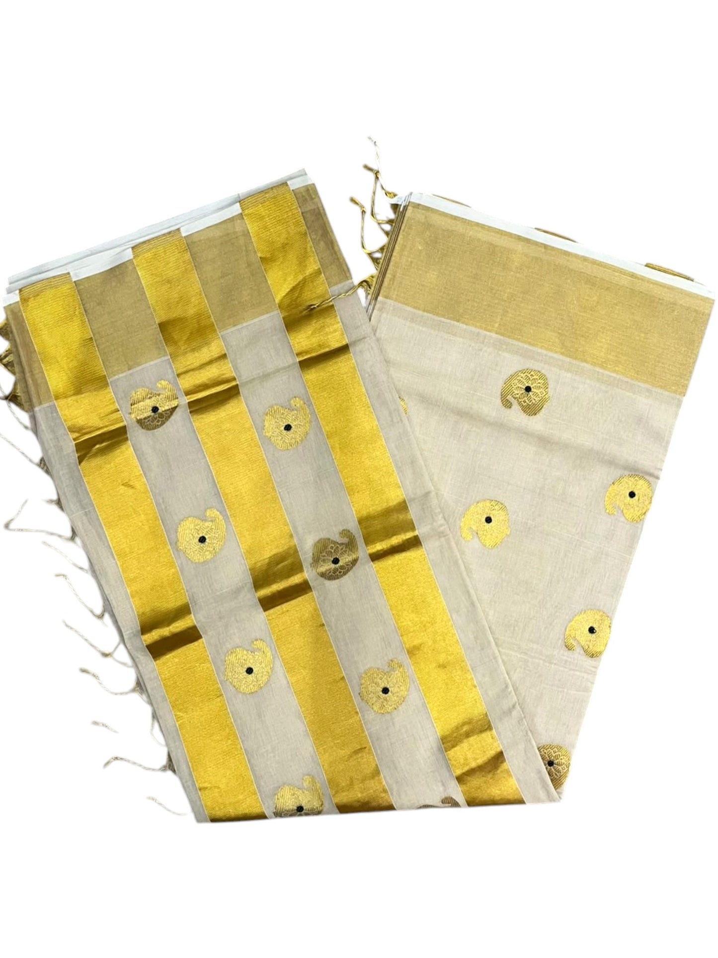 Southloom Super Premium Balaramapuram Handloom Tissue Saree with Butta Design and Gold Kasavu Border