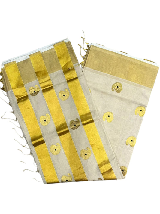 Southloom Super Premium Balaramapuram Handloom Tissue Saree with Butta Design and Gold Kasavu Border