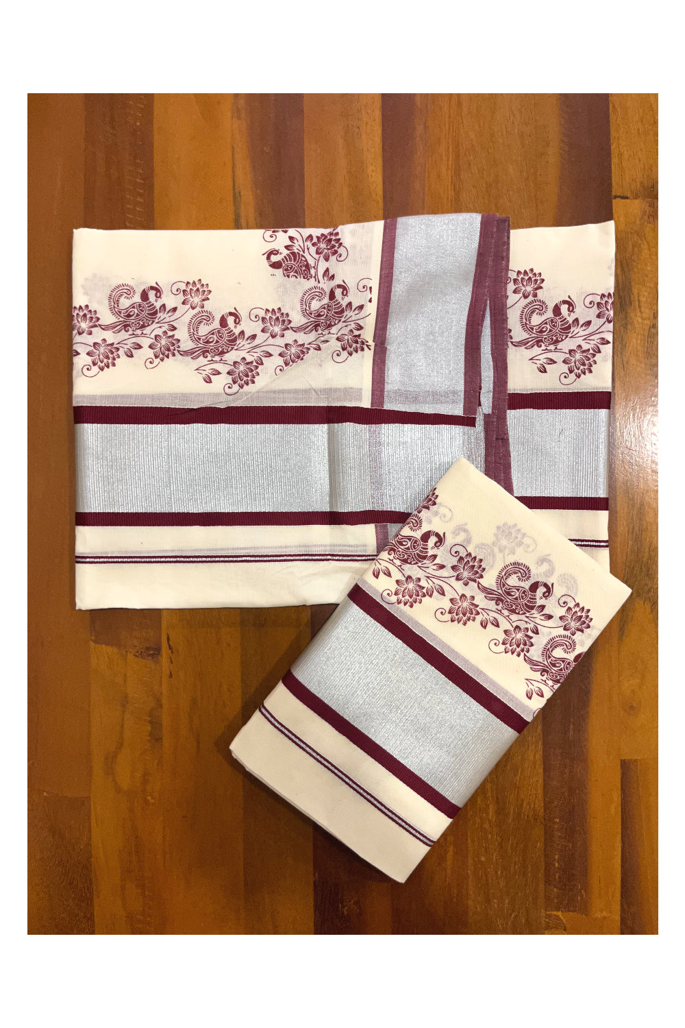 Pure Cotton Kerala Single Set Mundu (Mundum Neriyathum) with Maroon Block Printed Silver Kasavu Border