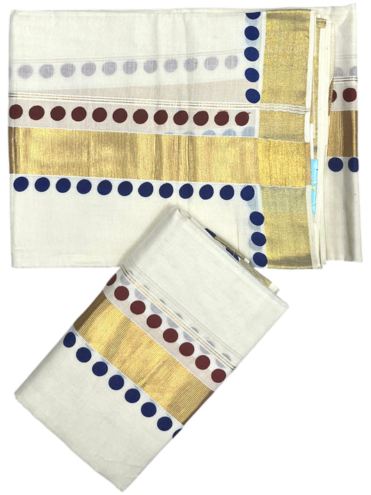 Southloom Kerala Cotton Kasavu Single Set Mundu (Mundum Neriyathum) with Maroon And Blue Polka Dots Border SLKK