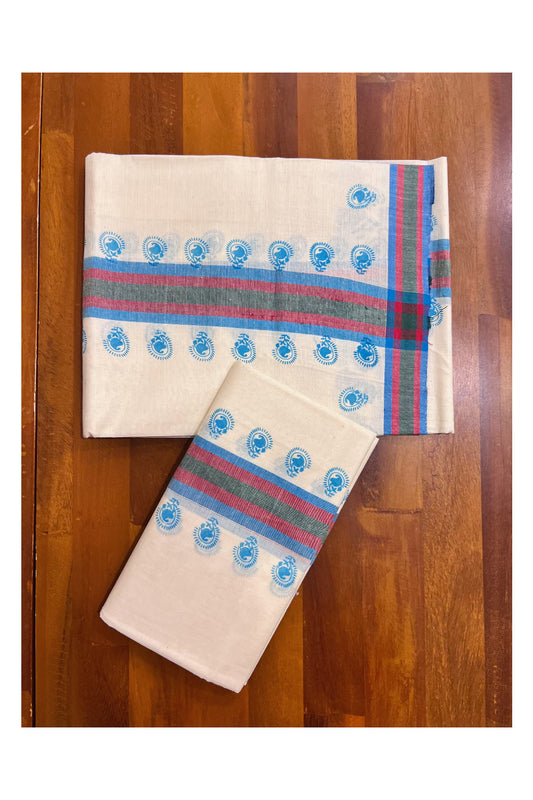 Kerala Pure Cotton Single Set Mundu (Mundum Neriyathum) with Blue Block Prints on Blue Red Border