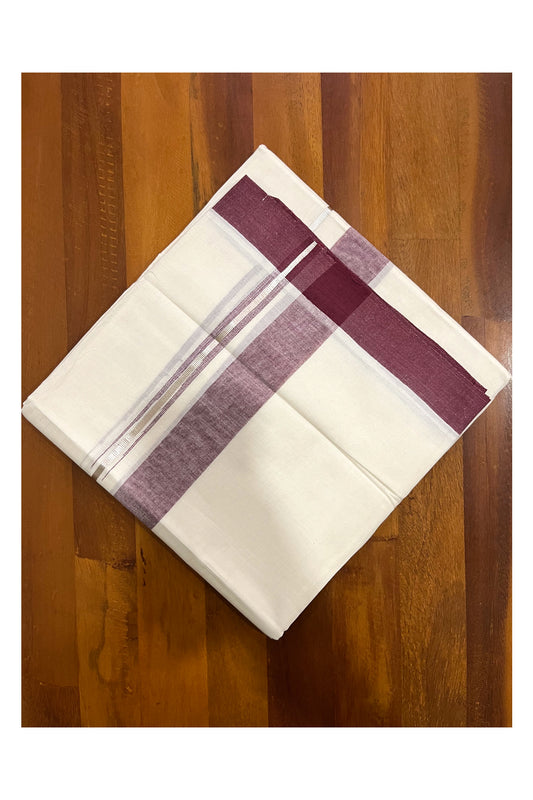 Pure Cotton Kerala Double Mundu with Purple and Kasavu Line Chutti Border (South Indian Kerala Dhoti)