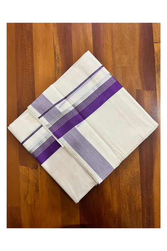 Off White Kerala Cotton Double Mundu with Silver Kasavu and Purple Border (South Indian Kerala Dhoti)