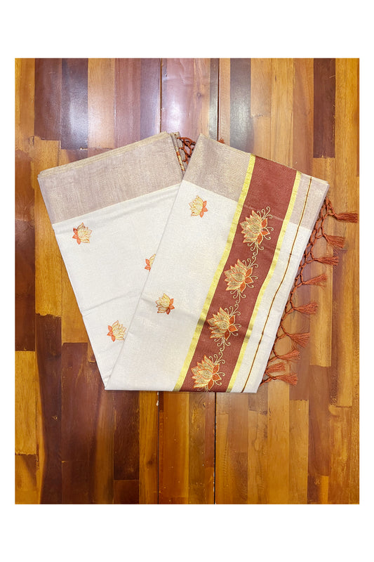 Southloom Kerala Tissue Kasavu Saree with Brown And Golden Lotus Embroidary Designs on Body