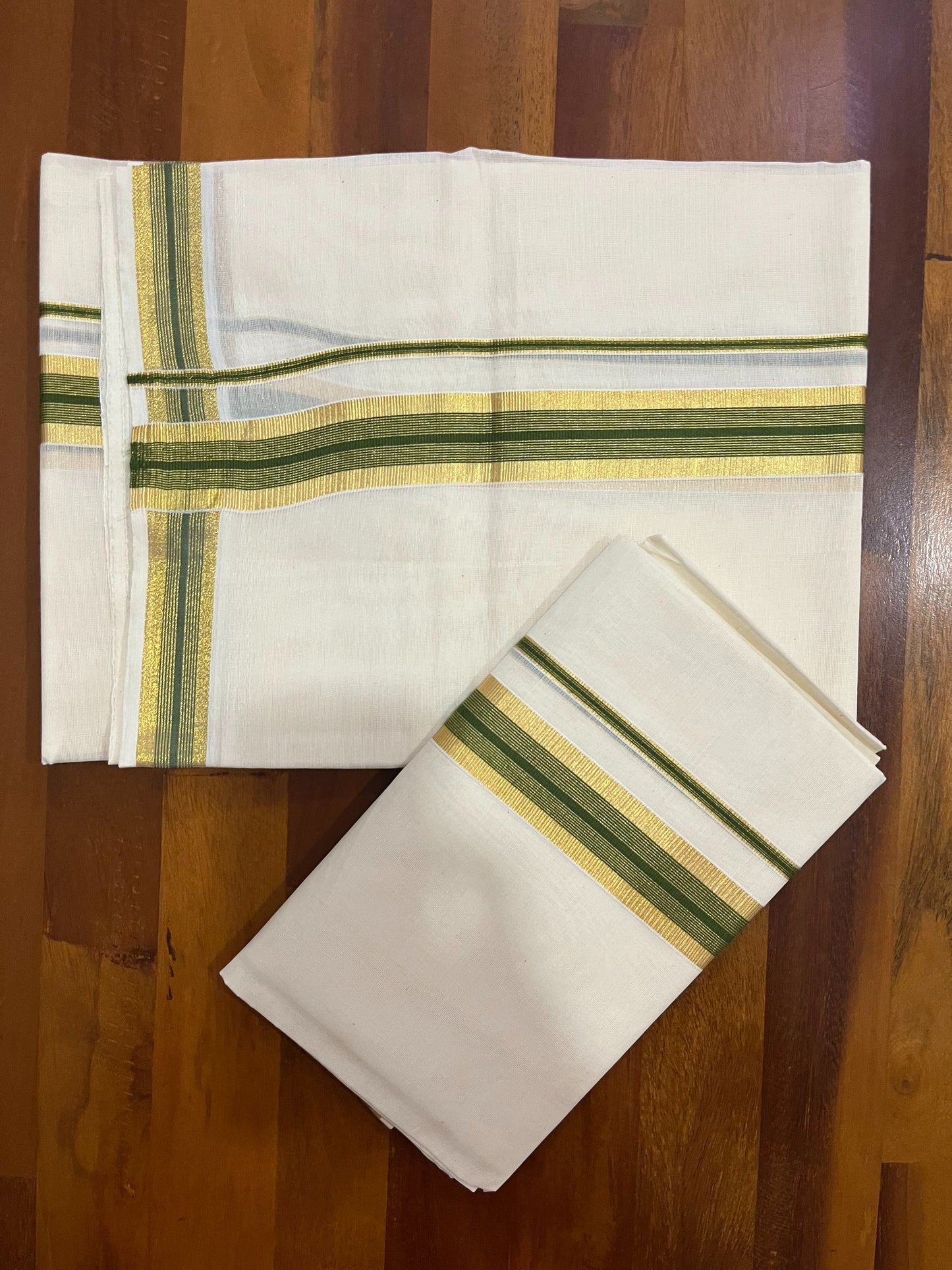 Pure Cotton Kerala Single Set Mundu (Mundum Neriyathum) with Olive Green and Kasavu Border 2.80 Mtrs