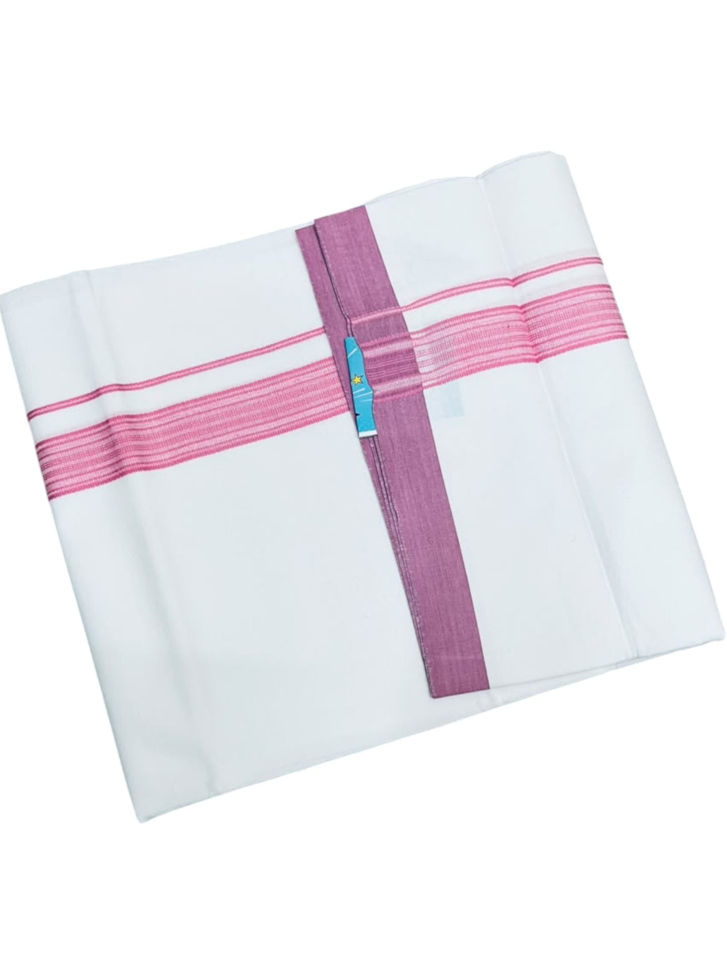 Southloom Pure White Single Cotton Mundu with Pink Border (South Indian Kerala Dhoti)