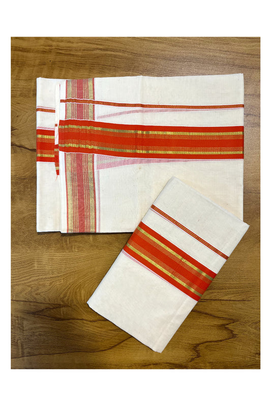 Kerala Cotton Set Mundu (Mundum Neriyathum) with Kasavu and Orange Border 2.80 Mtrs