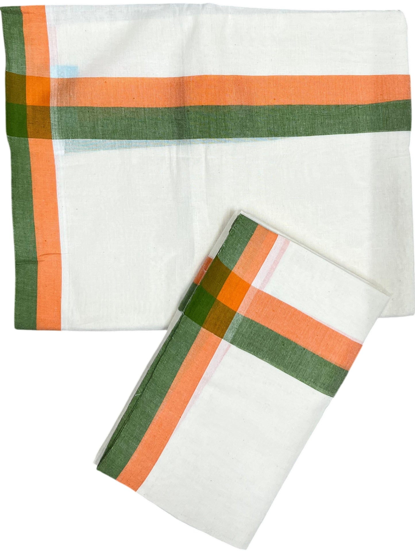 Southloom Pure Cotton Kerala Single Mulloth Set Mundu (Mundum Neriyathum) Green And Orange Border in 2.80 mtrs