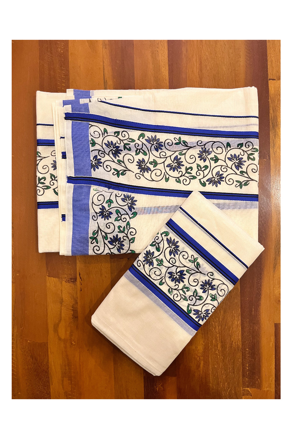 Kerala Cotton Set Mundu Single (Mundum Neriyathum) with Blue Floral Block Printed Border