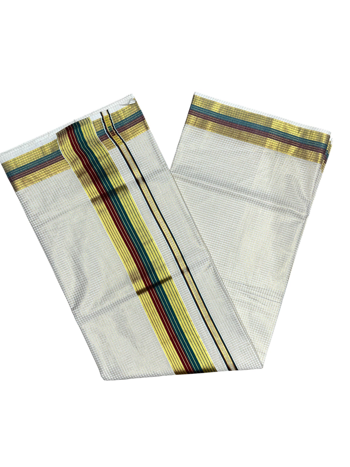 Southloom Kerala Cotton Kasavu Saree with Micro Check Design on Body in Maroon & Green Border