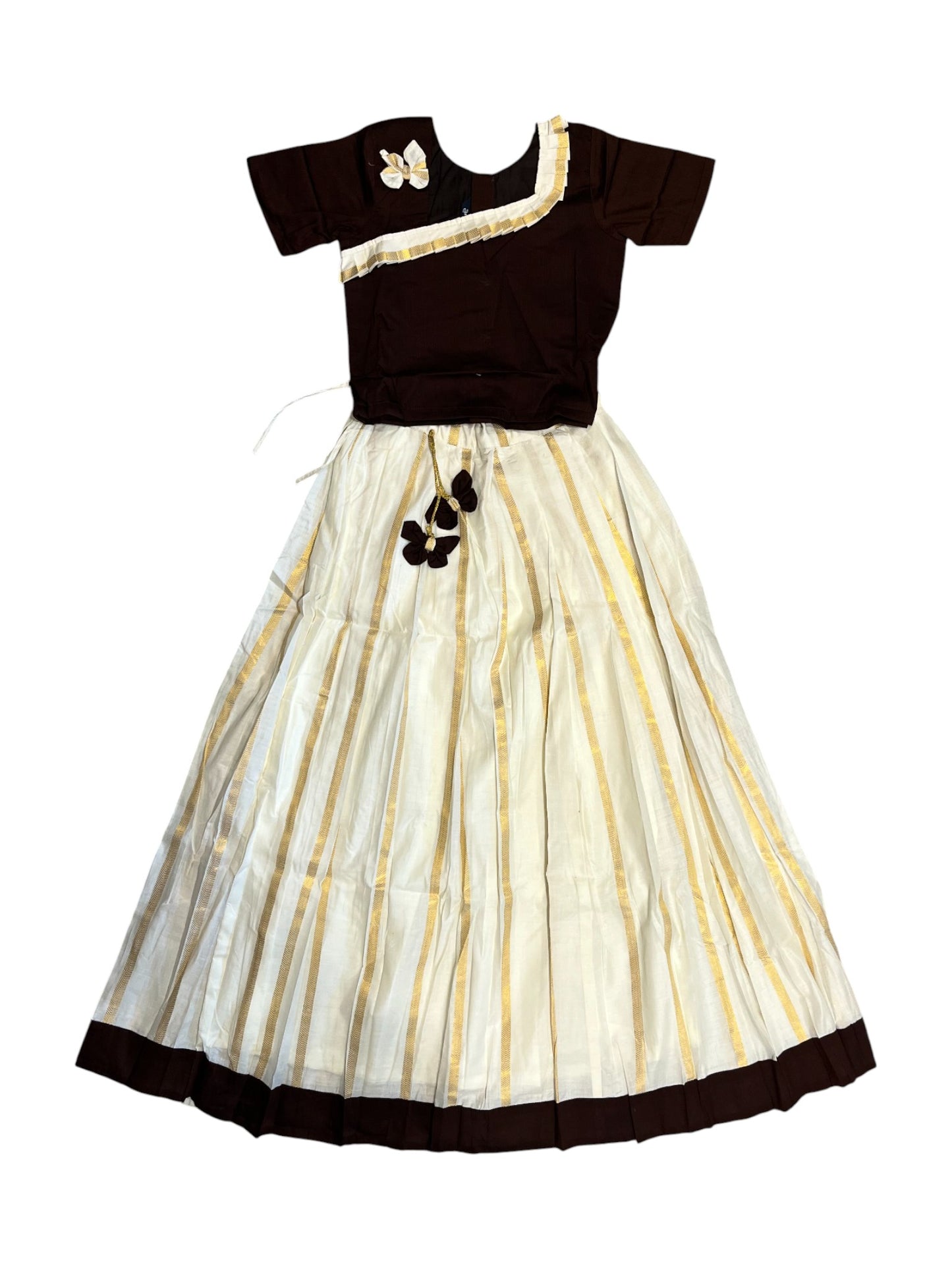 Southloom Kerala Brown And Cotton Kasavu Pavada Blouse with  for Kids