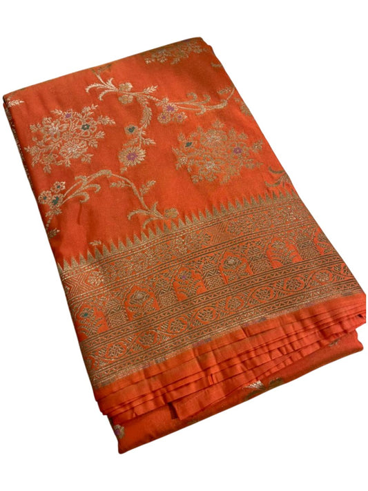 Southloom Pure Banarasi Silk Saree with Woven Work on Body and Borders (Orange)